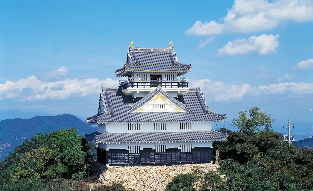 A traditional Japanese castle with intricate architectural details and a grey tiled roof, standing atop a rocky hillside. Lush green trees surround the castle, with a backdrop of distant mountains and a bright blue sky dotted with fluffy white clouds.