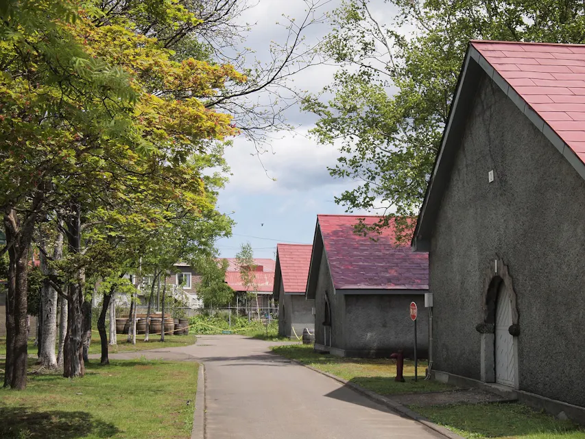 Yoichi Distillery A narrow paved road winds through a quiet village with rows of gray buildings with red roofs. Trees with green leaves line both sides of the road. The sky above is partly cloudy. The atmosphere is peaceful and serene.
