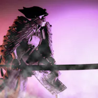 Samurai A figure dressed in futuristic, armored Samurai attire holds a katana sword in a dramatic pose. The background is bathed in purple and red lighting, with a misty smoke effect adding an air of mystery and intensity to the scene.