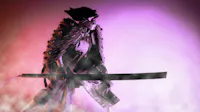 A figure dressed in futuristic, armored Samurai attire holds a katana sword in a dramatic pose. The background is bathed in purple and red lighting, with a misty smoke effect adding an air of mystery and intensity to the scene.