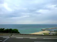 View from a road of a calm, vast ocean with a slightly cloudy sky above. On the right, a curved breakwater and marina with several small boats are visible. Green foliage and sandy beach edge the road in the foreground.
