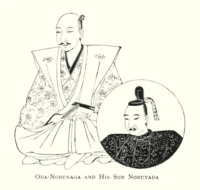 A black-and-white drawing of Oda Nobunaga seated in traditional Japanese attire, alongside an inset circle featuring his son, Nobutada, also in traditional clothing. Text at the bottom reads "Oda-Nobunaga and His Son Nobutada.