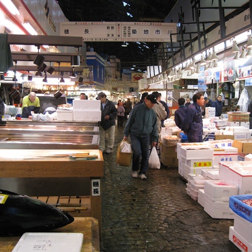 Tsukiji Fish Market A bustling indoor fish market with various stalls selling fresh seafood. People are walking and engaging with the vendors. Boxes and tables hold a variety of fish and other seafood. The market is well-lit with signs in Japanese hanging above the stalls.