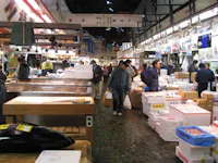 A bustling indoor fish market with various stalls selling fresh seafood. People are walking and engaging with the vendors. Boxes and tables hold a variety of fish and other seafood. The market is well-lit with signs in Japanese hanging above the stalls.