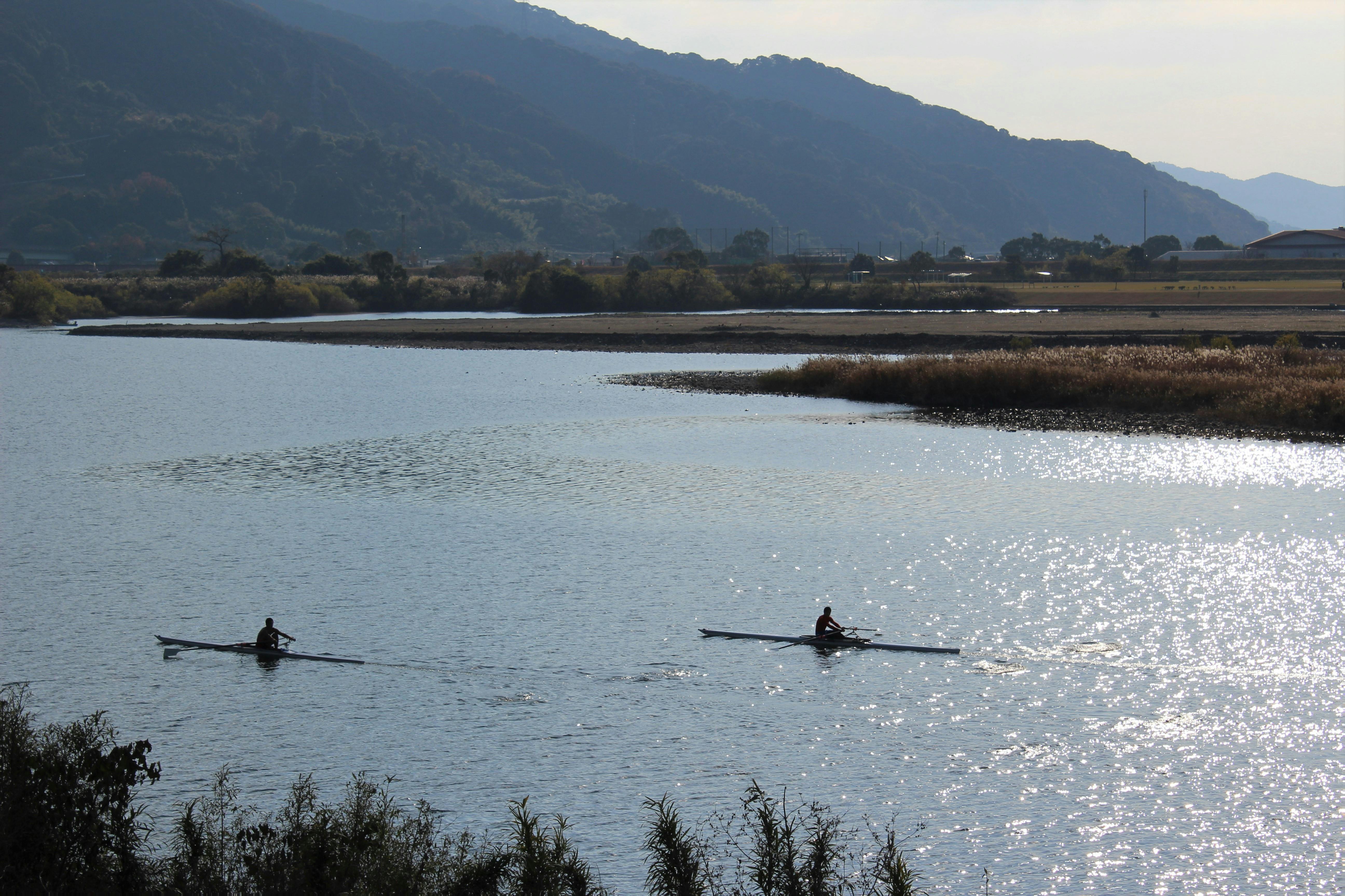 Two people row separate narrow boats on a wide, calm river with sparkling water, surrounded by hills and vegetation under a clear sky.
