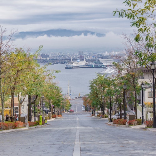 Hakodate A wide, gently sloping street lined with trees and buildings leads down to a bay. Boats and ships are docked at the waterfront, and hills with a layer of fog can be seen in the background. The autumn trees add vibrant colors to the scene.