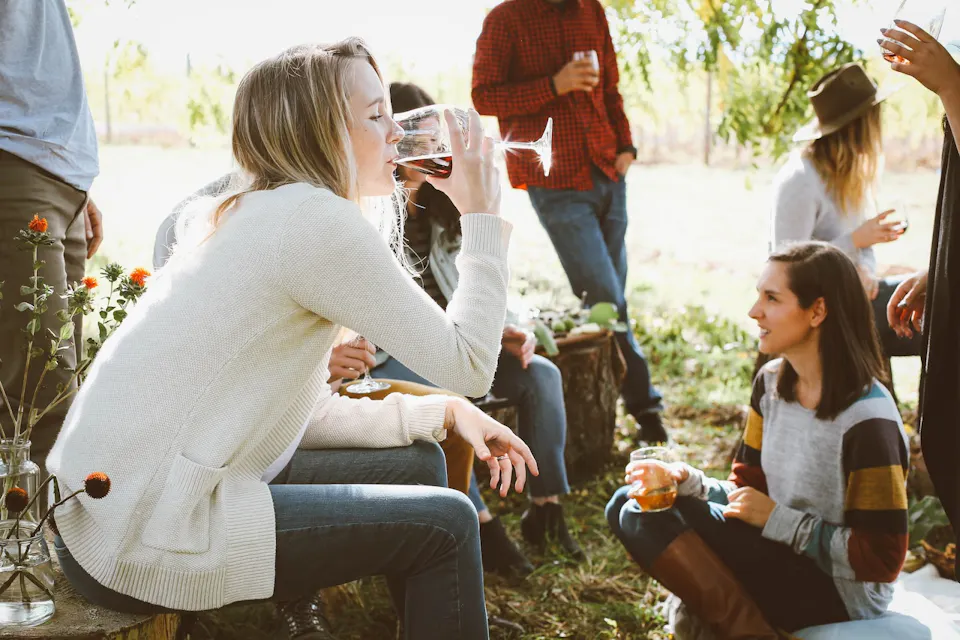 Drinking Japanese Whisky A group of people are enjoying a casual outdoor gathering. One person sits on a bench drinking from a glass, while others stand or sit nearby, engaged in conversation. The setting is sunny and grassy, with trees in the background and a relaxed atmosphere.