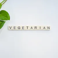 Vegetarian in words A green leafy plant on the left side extending across a white background. The word "VEGETARIAN" is spelled out in black letters on individual white tile pieces, positioned horizontally in the center of the image.
