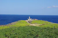 A scenic view of Cape Manzamo in Okinawa, Japan, with lush green grass in the foreground, a clear blue sky above, and the deep blue ocean in the background. A pathway leads to a small monument on a rocky outcrop, where several people are gathered.