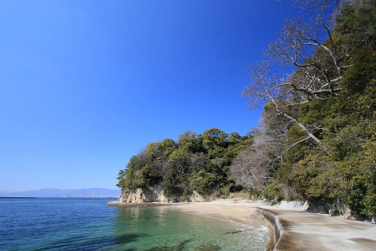 Island in Setouchi A serene beach with clear turquoise water stretches alongside a lush, green forested cliff. The sky is a vibrant blue without any clouds. In the distance, the shoreline curves gently, and faint mountains are visible on the horizon.