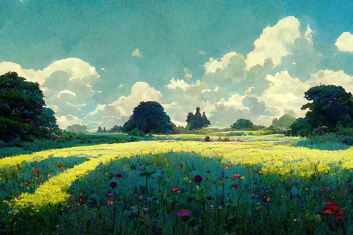 Studio Ghibli-Inspired Spot A vibrant landscape depicts a sunlit meadow filled with wildflowers. Blooming red and pink flowers dot the grassy field, while large green trees frame the scene. Fluffy white clouds float in a bright blue sky, enhancing the serene, picturesque setting.