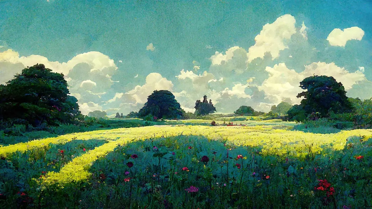 A vibrant landscape depicts a sunlit meadow filled with wildflowers. Blooming red and pink flowers dot the grassy field, while large green trees frame the scene. Fluffy white clouds float in a bright blue sky, enhancing the serene, picturesque setting.