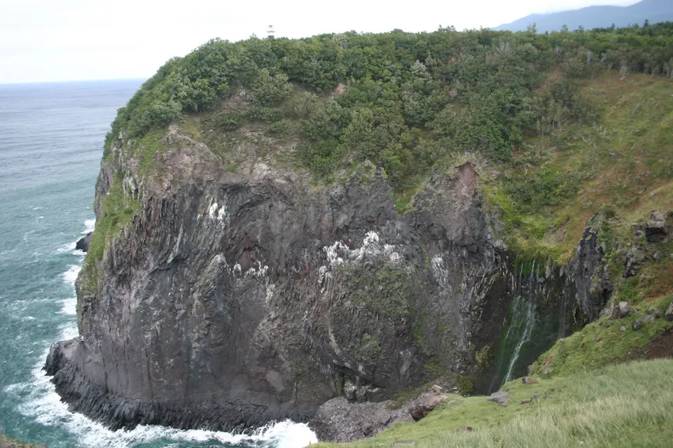 A rugged cliffside covered in greenery with patches of exposed rock plunges into the choppy ocean below. A waterfall cascades down the cliff on the right, blending into a verdant landscape filled with dense trees and shrubbery.
