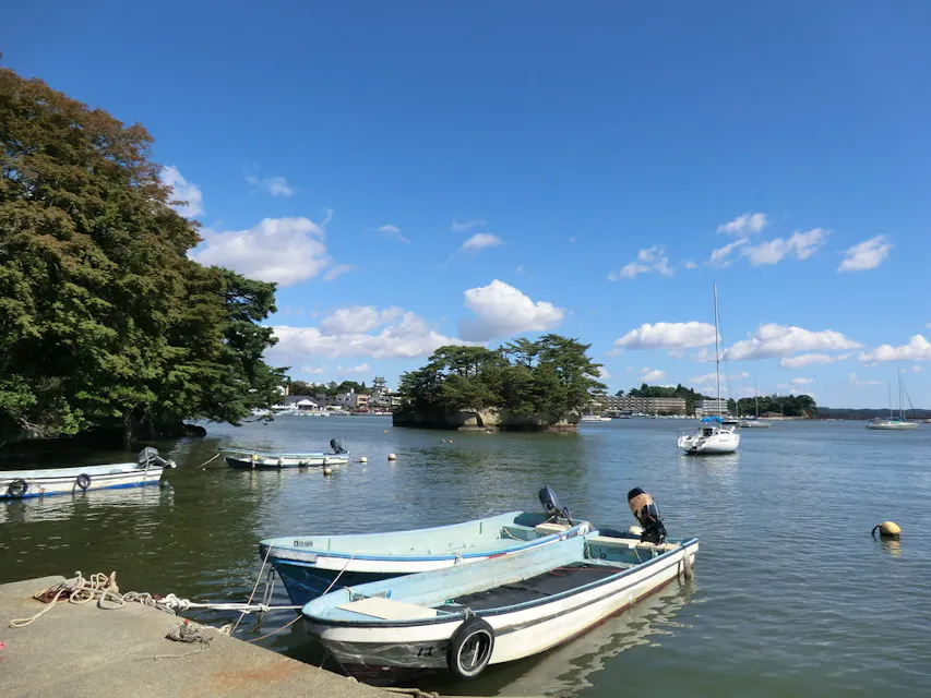 A serene waterfront scene under a bright blue sky with scattered clouds. Several small boats are moored near the edge of the water. A person is sitting in one of the boats. Trees line the shore, and buildings are visible in the background.