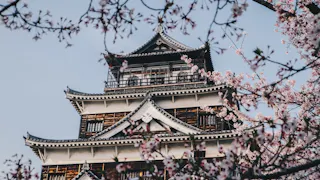 Traditional Japanese castle tower framed by blooming cherry blossom branches under a clear sky.