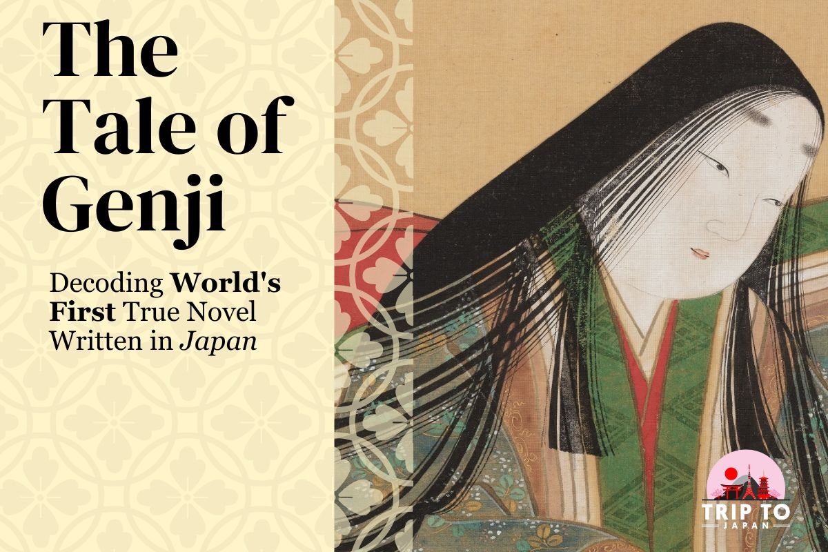 Tale of Genji banner A stylized illustration of a historical Japanese woman, with the text “The Tale of Genji: Decoding World’s First True Novel Written in Japan” on the left. At the bottom right corner, the logo reads "TRIP TO JAPAN". The background features traditional Japanese patterns.