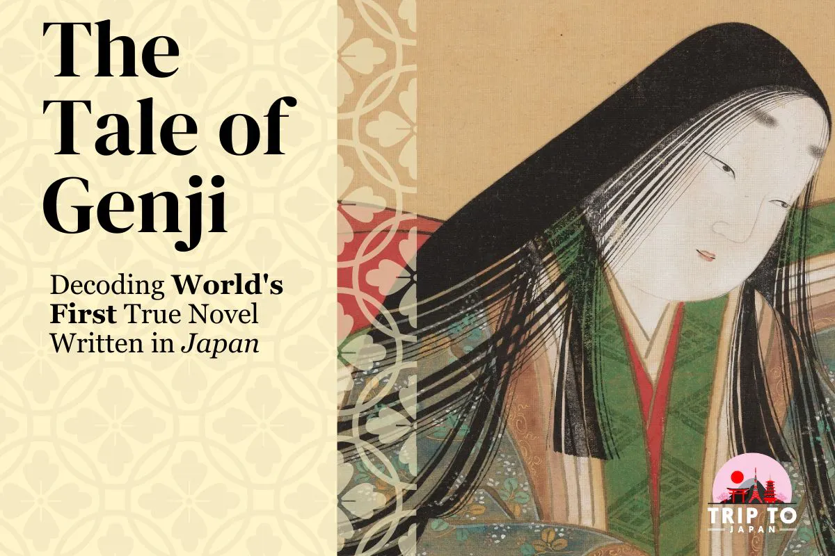 Tale of Genji banner A stylized illustration of a historical Japanese woman, with the text “The Tale of Genji: Decoding World’s First True Novel Written in Japan” on the left. At the bottom right corner, the logo reads "TRIP TO JAPAN". The background features traditional Japanese patterns.