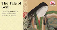 An image with text reading "The Tale of Genji: Decoding World's First True Novel Written in Japan." It features an illustration of a person with long black hair and traditional Japanese clothing. The red logo "Trip to Japan" is in the top right corner.