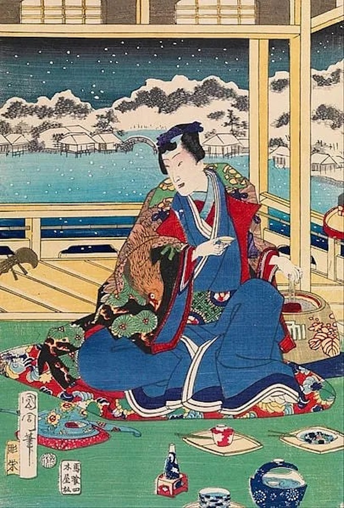 An exquisite 19th-century illustration by Kunichika Toyohara depicting Genji.