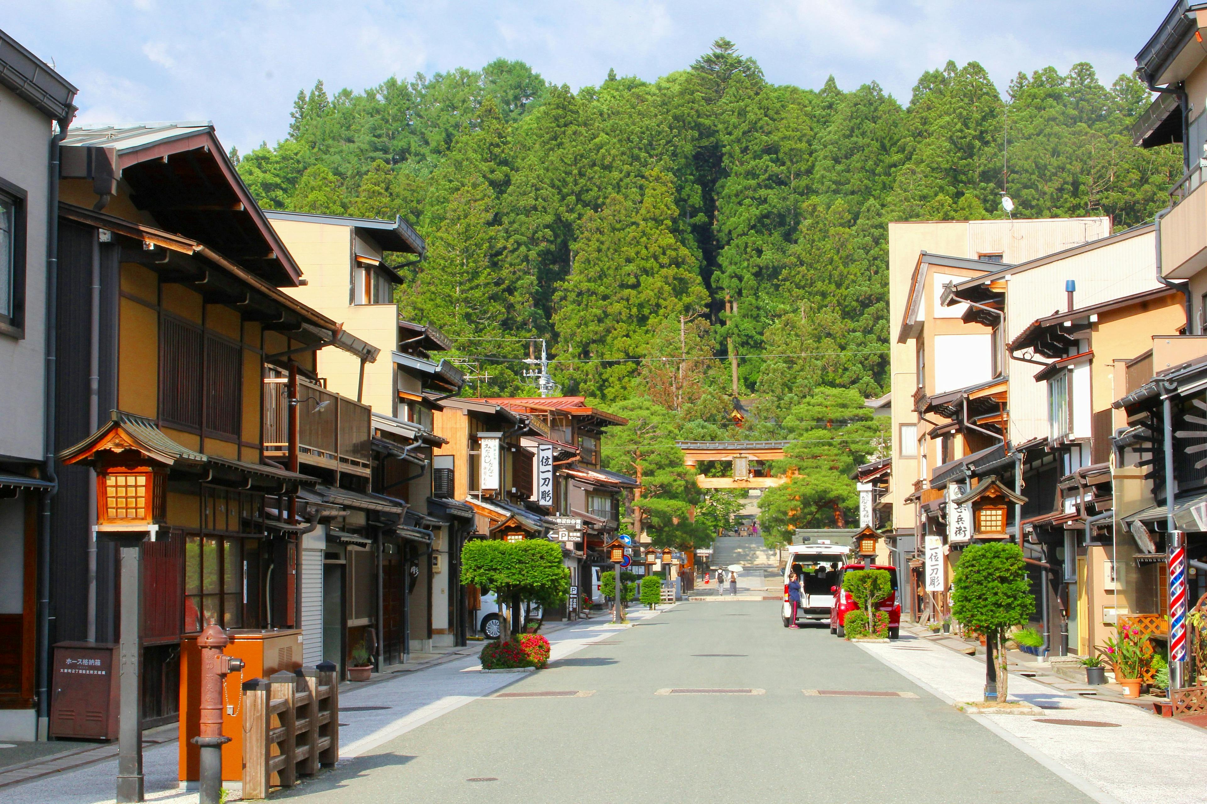 A serene street in a traditional Japanese town features wooden buildings with paper lanterns and potted plants along the sides. In the distance, a torii gate stands at the edge of a forest, framed by lush green trees under a partly cloudy sky.