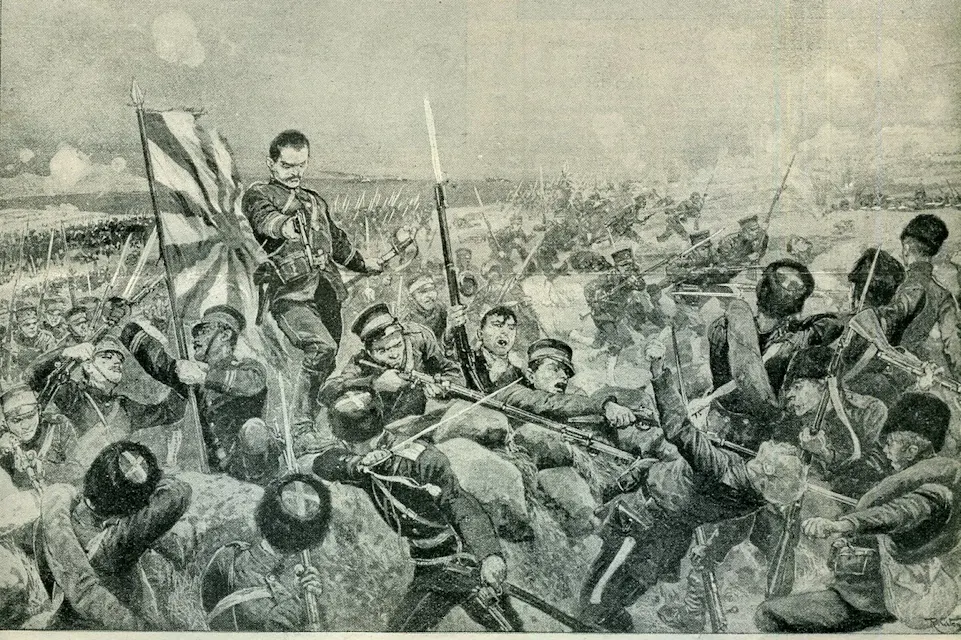 An archival image of Japanese Forces Attack on Russian Forces in 1904