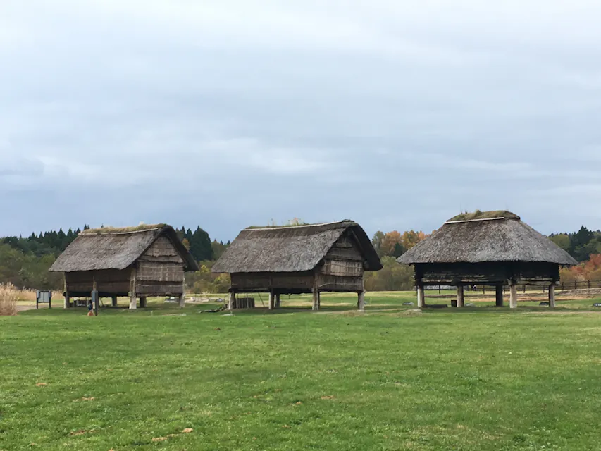 Three traditional, wooden, thatch-roofed huts on stilts stand in a grassy field under a cloudy sky. Trees with autumn foliage are visible in the background, adding a touch of color to the landscape. The setting appears peaceful and rural.