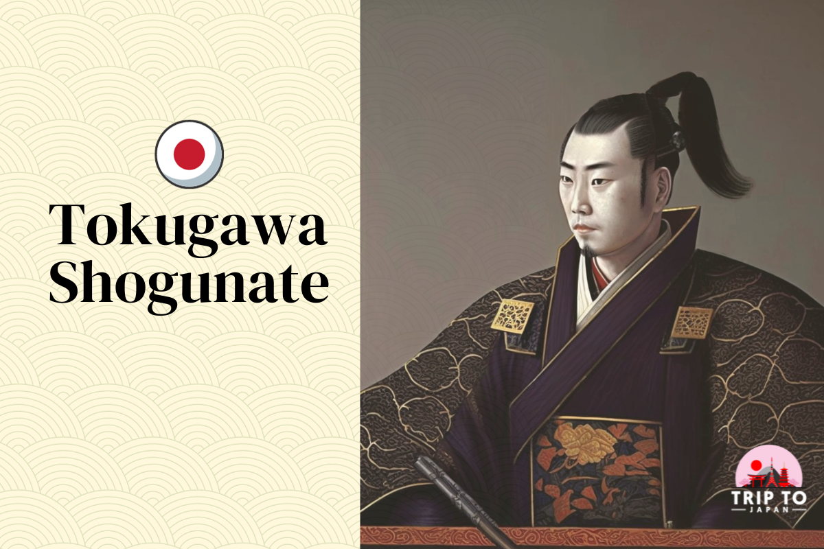 Tokugawa Shogunate Illustration of a Tokugawa Shogunate era figure in traditional Japanese attire with a top knot, alongside text and a Japanese flag. The text reads "Tokugawa Shogunate" with a decorative patterned background. The logo in the corner says "Trip to Japan.