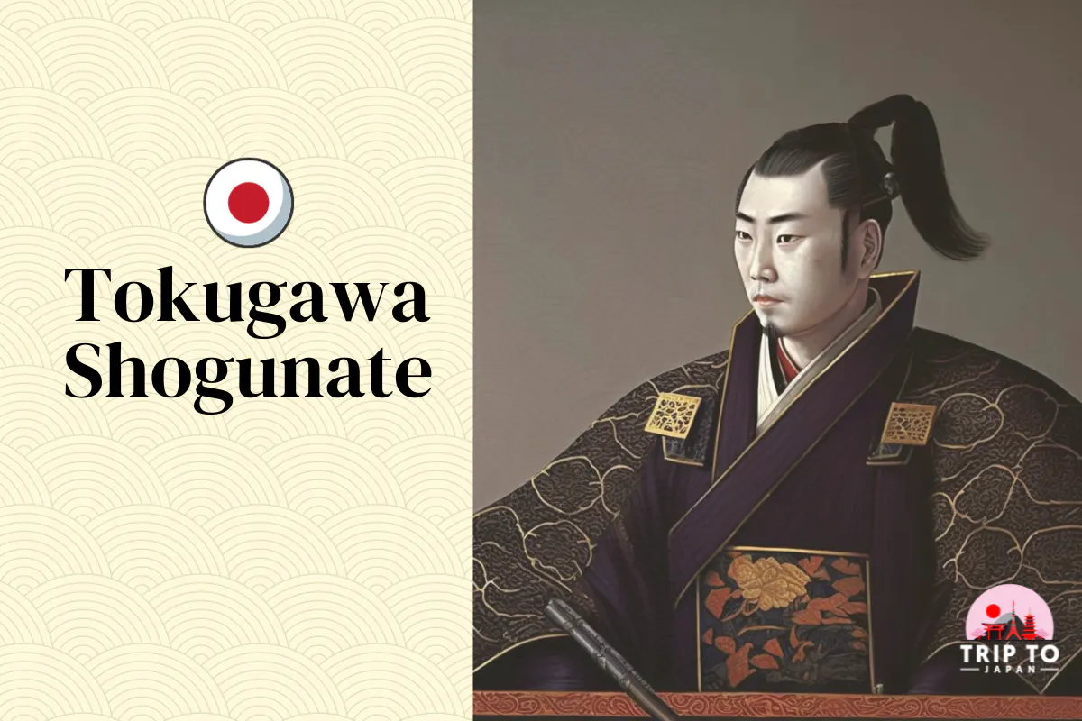 Illustration of a Tokugawa Shogunate era figure in traditional Japanese attire with a top knot, alongside text and a Japanese flag. The text reads "Tokugawa Shogunate" with a decorative patterned background. The logo in the corner says "Trip to Japan.