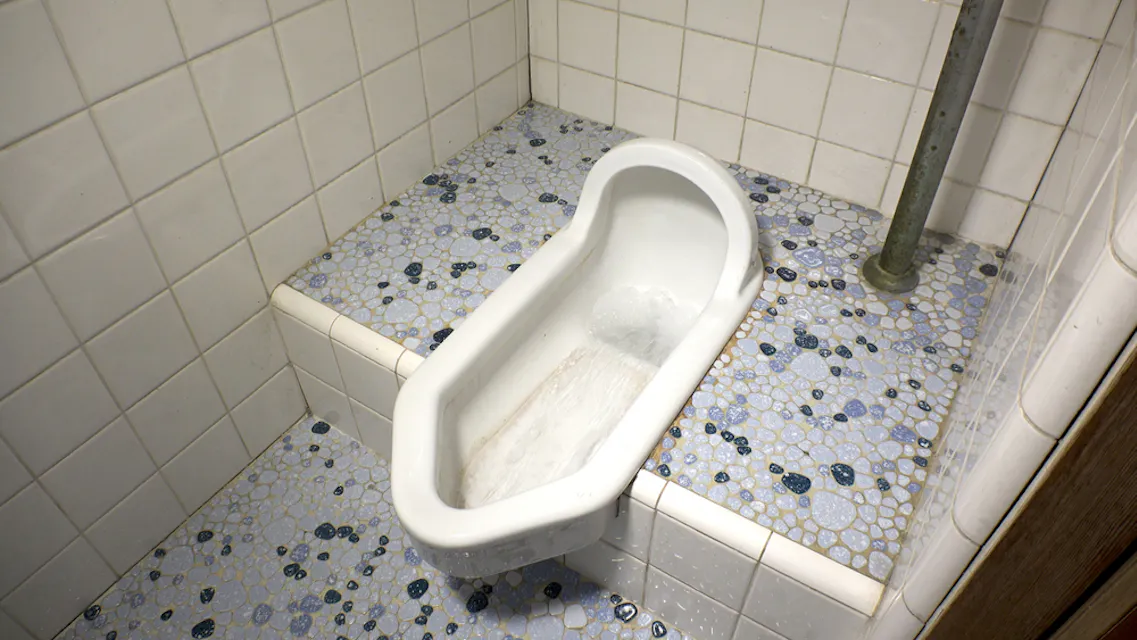 A Japanese-style squat toilet with a white ceramic basin set into a tiled floor. The surrounding walls and floor are covered with small, white, and blue mosaic tiles, and a metal pipe is visible on the right side of the image.