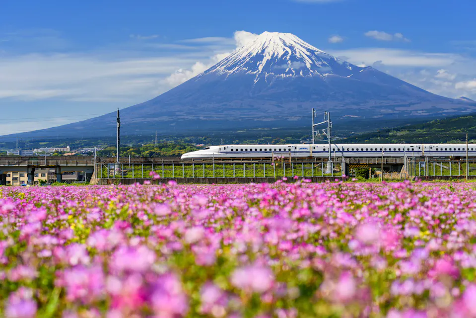 JR Bullet train running pass through Mount Fuji JR Bullet train running pass through Mount Fuji