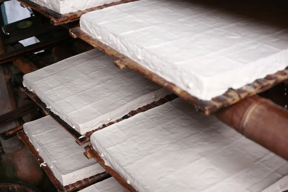 Several large square blocks of tofu are arranged on racks for drying or setting, possibly in a factory or production area. The tofu blocks appear fresh and uniformly shaped on metal racks.