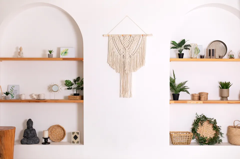 Wabi-Sabi Style A minimalist room showcases two wooden shelves filled with various decor items, including plants, baskets, frames, and statues. In the center, a large macrame wall hanging adds a touch of bohemian flair. The shelves are set in recessed alcoves with white walls.