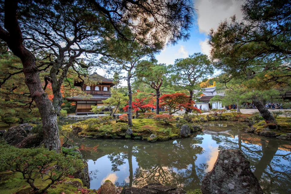 Most beautiful place of Art Zen Garden and Fall Foliage in Autumn Ryoan-ji Temple A serene Japanese garden featuring a reflective pond surrounded by lush greenery and vibrant foliage. Traditional wooden buildings are visible in the background, partially obscured by the trees and foliage, with a mix of red, green, and orange leaves.