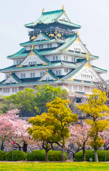 Osaka A traditional Japanese castle with green and gold roof stands among blooming cherry blossom and green trees, with modern buildings visible in the background.