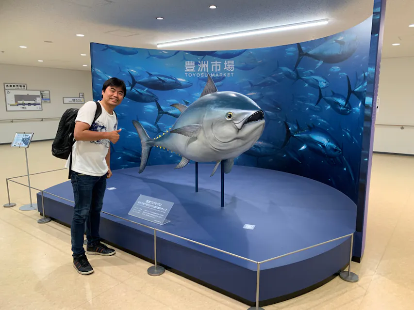 A model of a full-scale bluefin tuna installed on a tour course of the Toyosu market Toyosu Market