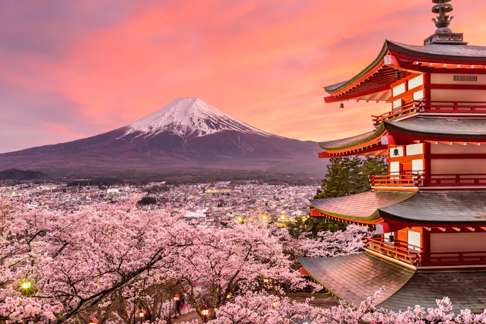 Fujiyoshida, Japan at Chureito Pagoda and Mt. Fuji A traditional Japanese pagoda stands amidst cherry blossoms at sunset, with Mount Fuji in the background under a pink-orange sky.