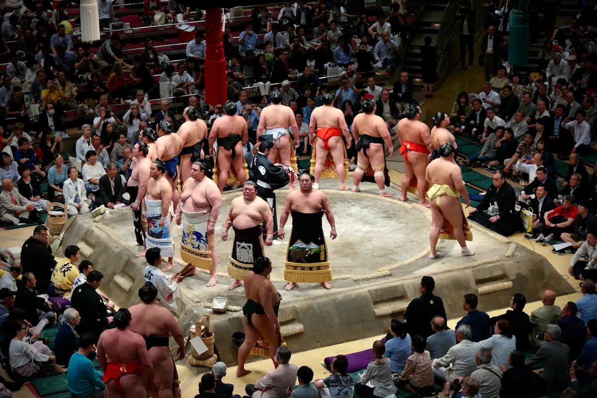 Sumo Wrestlers A group of sumo wrestlers in traditional attire stand and bow in a circular ring surrounded by a large crowd of seated spectators in an indoor arena. The wrestlers are in various positions, with some facing each other and others facing the audience.