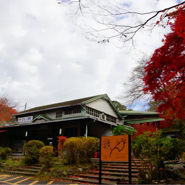 Eizan Cable Car A traditional Japanese building surrounded by vibrant red autumn foliage. A yellow sign with Japanese text stands near stone steps leading to the entrance under a partly cloudy sky.