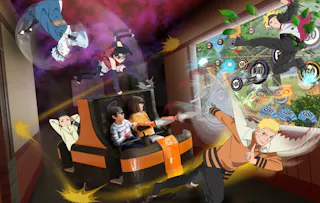 People sit in a moving arcade ride, aiming at a large screen, while animated Naruto characters leap from the game into the room, blending the real and virtual worlds with dynamic action effects.