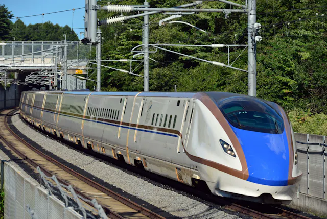 A sleek, modern high-speed train with a blue and white design travels on tracks through a green, wooded area under overhead electric wires.