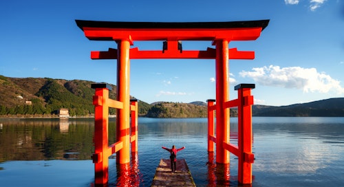 Traveller Stand on Red Torii on the Hakone Lake