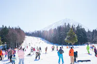 A snowy ski resort with numerous people skiing, snowboarding, and interacting. The clear blue sky and a majestic mountain, partially covered with snow, rise in the background, while tall evergreen trees border the scene on both sides.