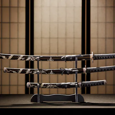 Wakizashi and Tanto on Stand in a Room Wakizashi and Tanto on Stand in a Room