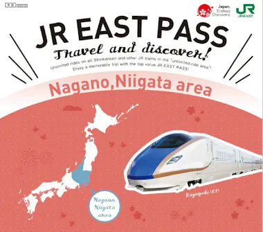 Promotional image for the JR East Pass featuring a map of Japan highlighting the Nagano and Niigata area and a high-speed Shinkansen train, advertising unlimited train rides in the region.