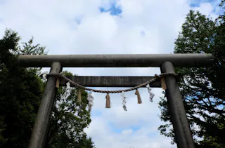 A traditional Japanese torii gate with a rope and paper streamers, framed by green trees under a partly cloudy sky.