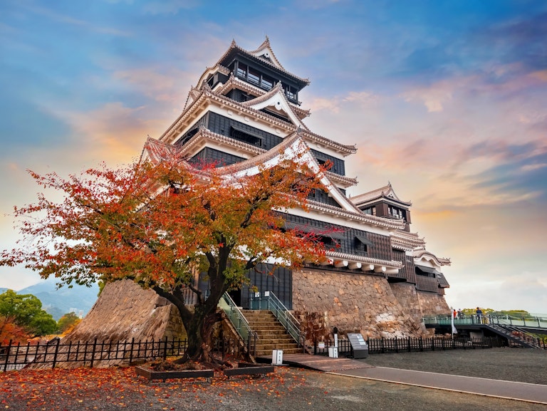 Kumamoto Castle A traditional Japanese castle with tiered roofs stands behind a tree with red autumn leaves, set against a colorful sky at sunset. The castle is surrounded by stone walls and a fenced pathway.