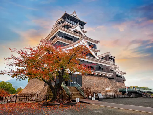 Kumamoto Castle A traditional Japanese castle with tiered roofs stands behind a tree with red autumn leaves, set against a colorful sky at sunset. The castle is surrounded by stone walls and a fenced pathway.