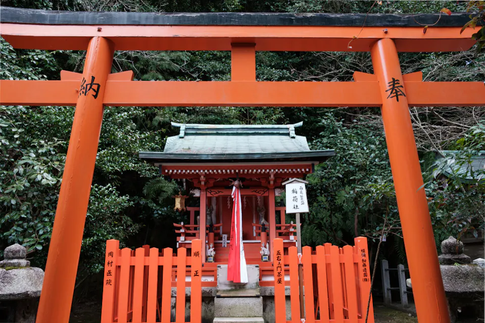 Image of a small Shinto shrine in Japan, framed by a prominent red torii gate in the foreground. The shrine is surrounded by lush greenery, has a traditional sloped roof, and is fenced with red wooden bars. Japanese characters are inscribed on the gate and fence.