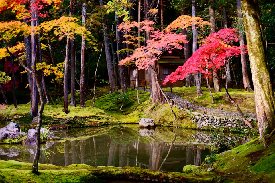 穏やかな池が周囲の木々を映す静かな日本庭園。赤、オレンジ、緑の鮮やかな色合いの葉が、背景にある小さな伝統的な木造建物を囲んでいます。苔むした地面や岩がシーンを引き立てています。