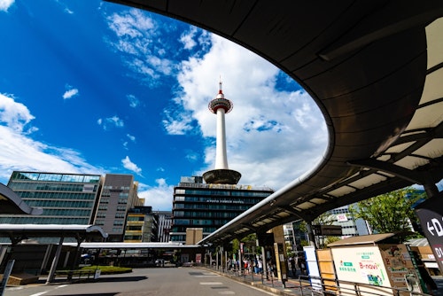 Blue Sky and Kyoto Tower and Bus Stop at Kyoto Station